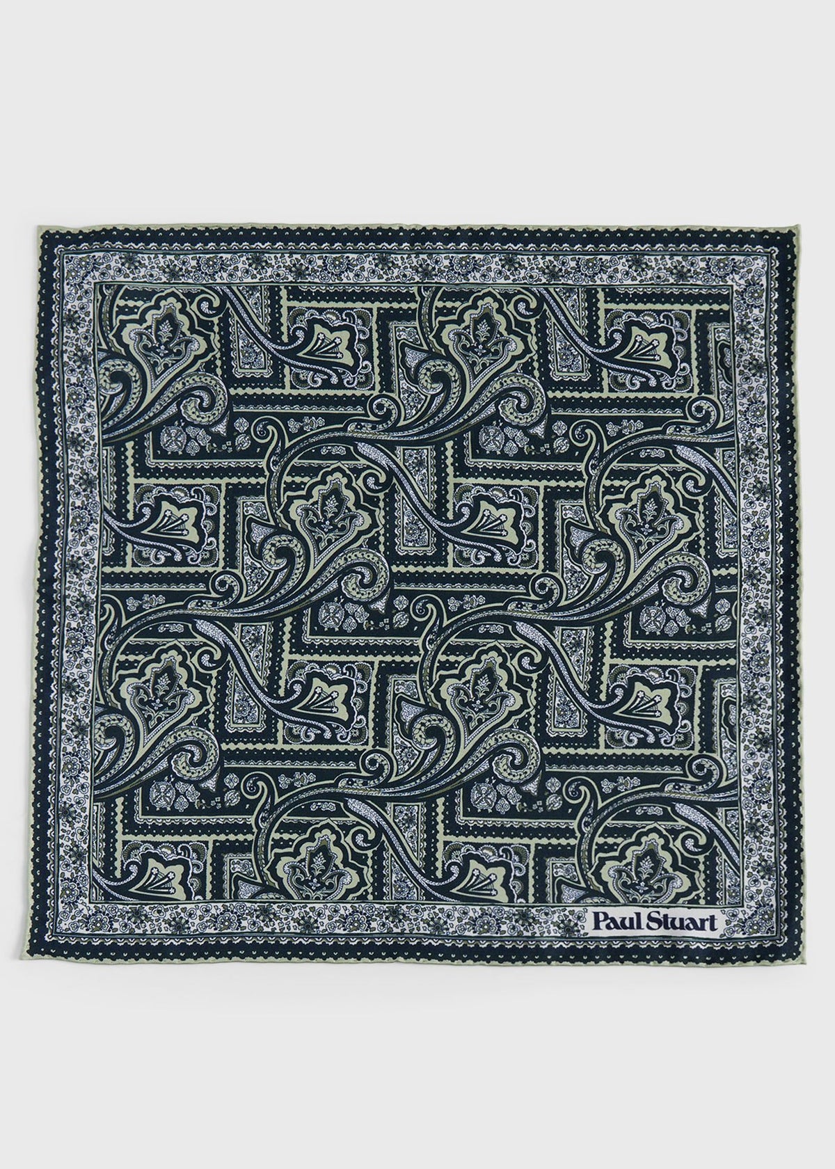 Printed Silk Paisley Pocket Square Green - Paul Stuart
