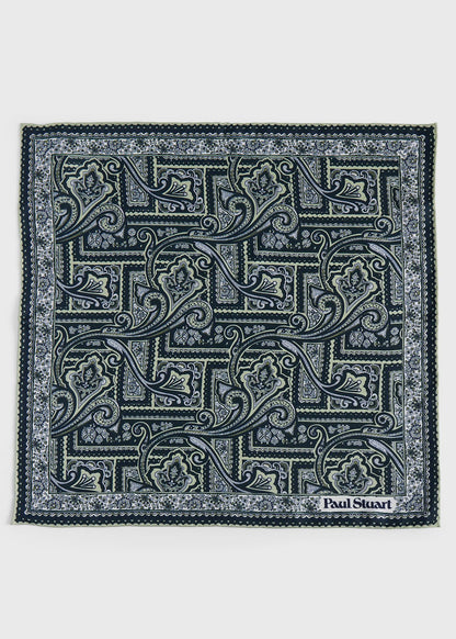 Printed Silk Paisley Pocket Square Green - Paul Stuart