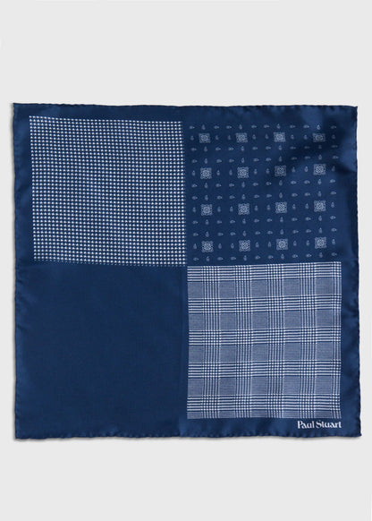 Printed Silk Glenn Plaid Pocket Square Navy - Paul Stuart