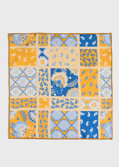 Printed Silk Patchwork Pocket Square Blue - Paul Stuart