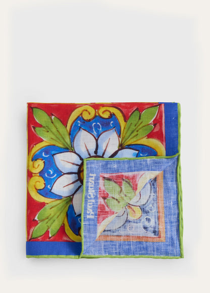 Linen Mediterranean Tile Pocket Square Navy/Gold - Paul Stuart
