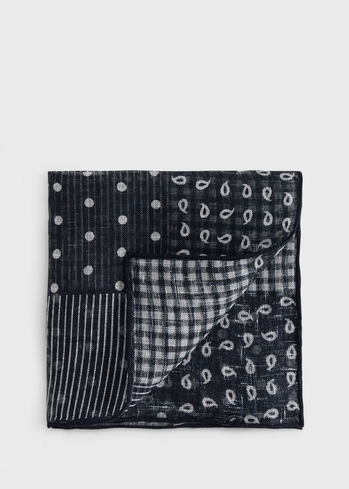 Linen Tonal Patchwork Pocket Square Black - Paul Stuart