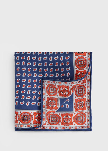 Printed Silk Geometric Pocket Square Blue - Paul Stuart