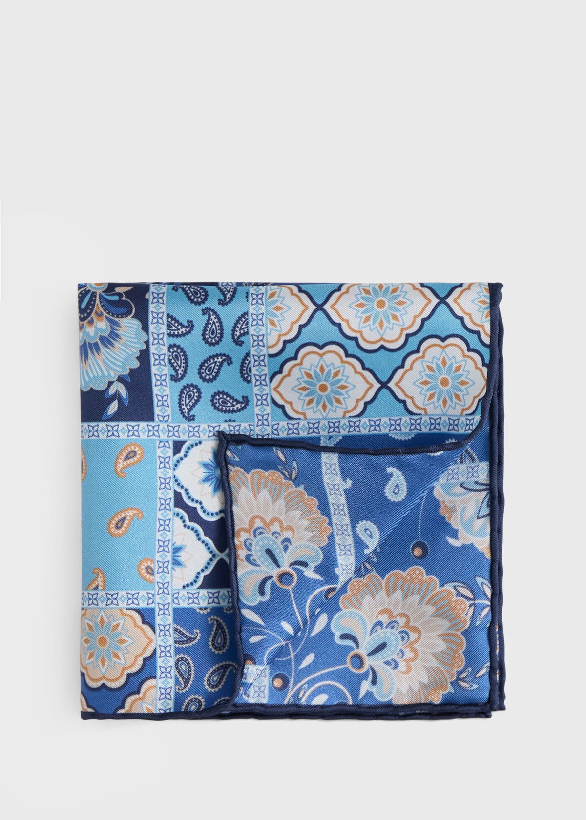 Printed Silk Patchwork Pocket Square Blue - Paul Stuart
