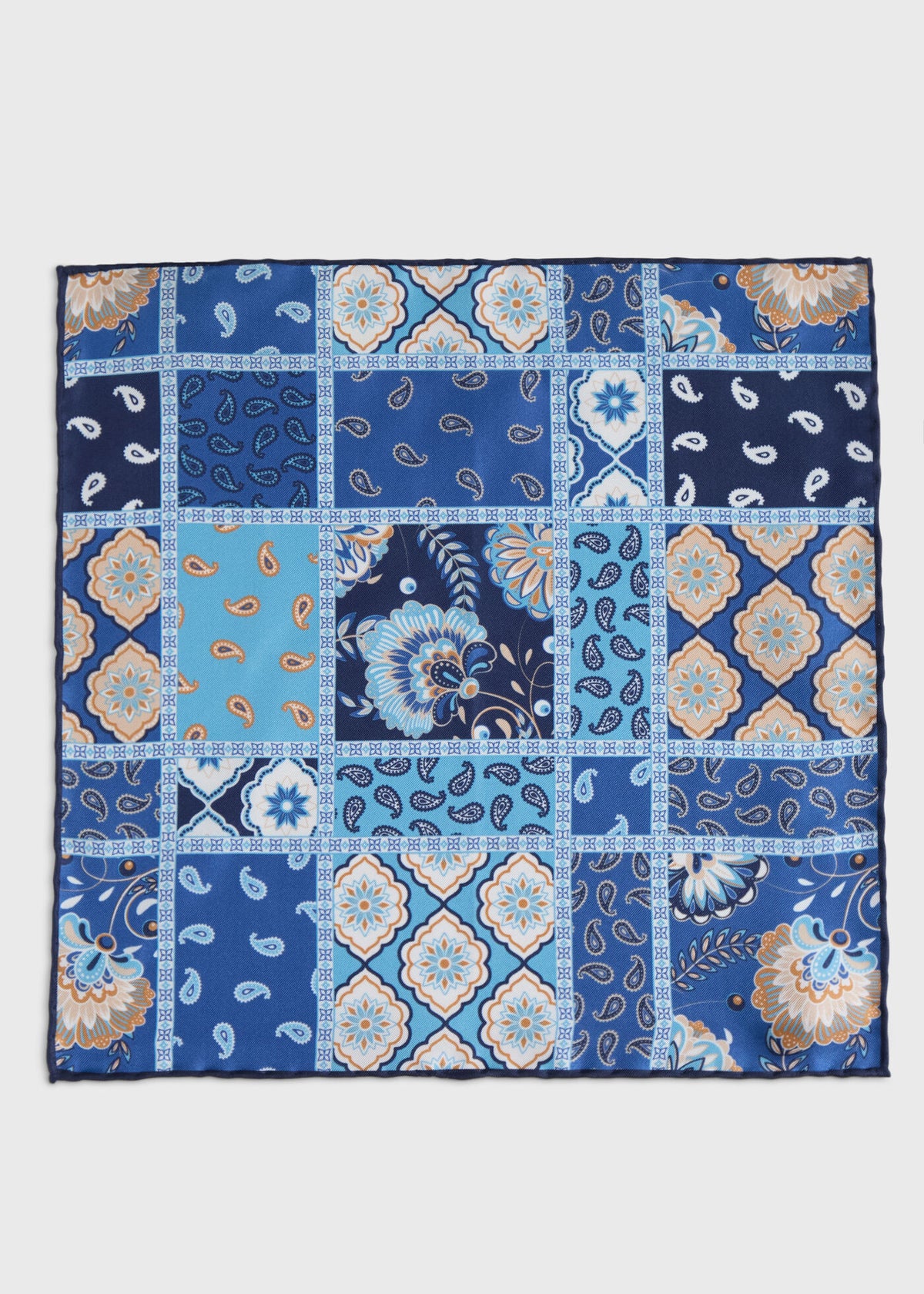 Printed Silk Patchwork Pocket Square Blue - Paul Stuart
