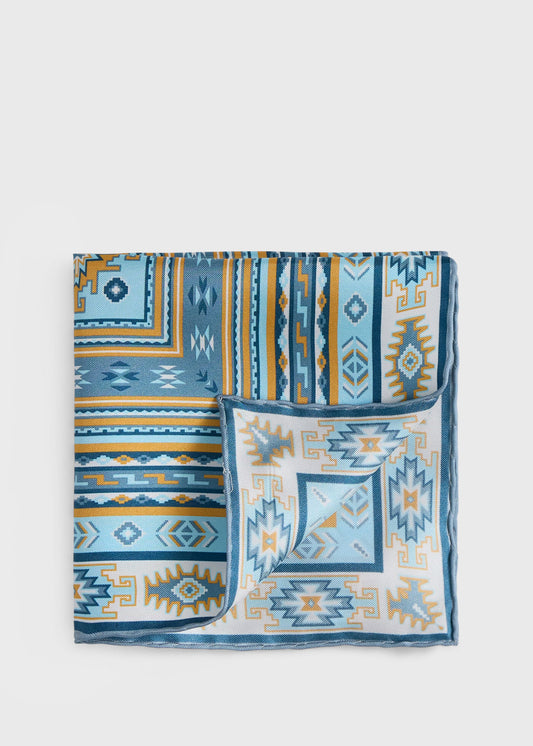 Printed Silk Pattern Pocket Square Blue - Paul Stuart