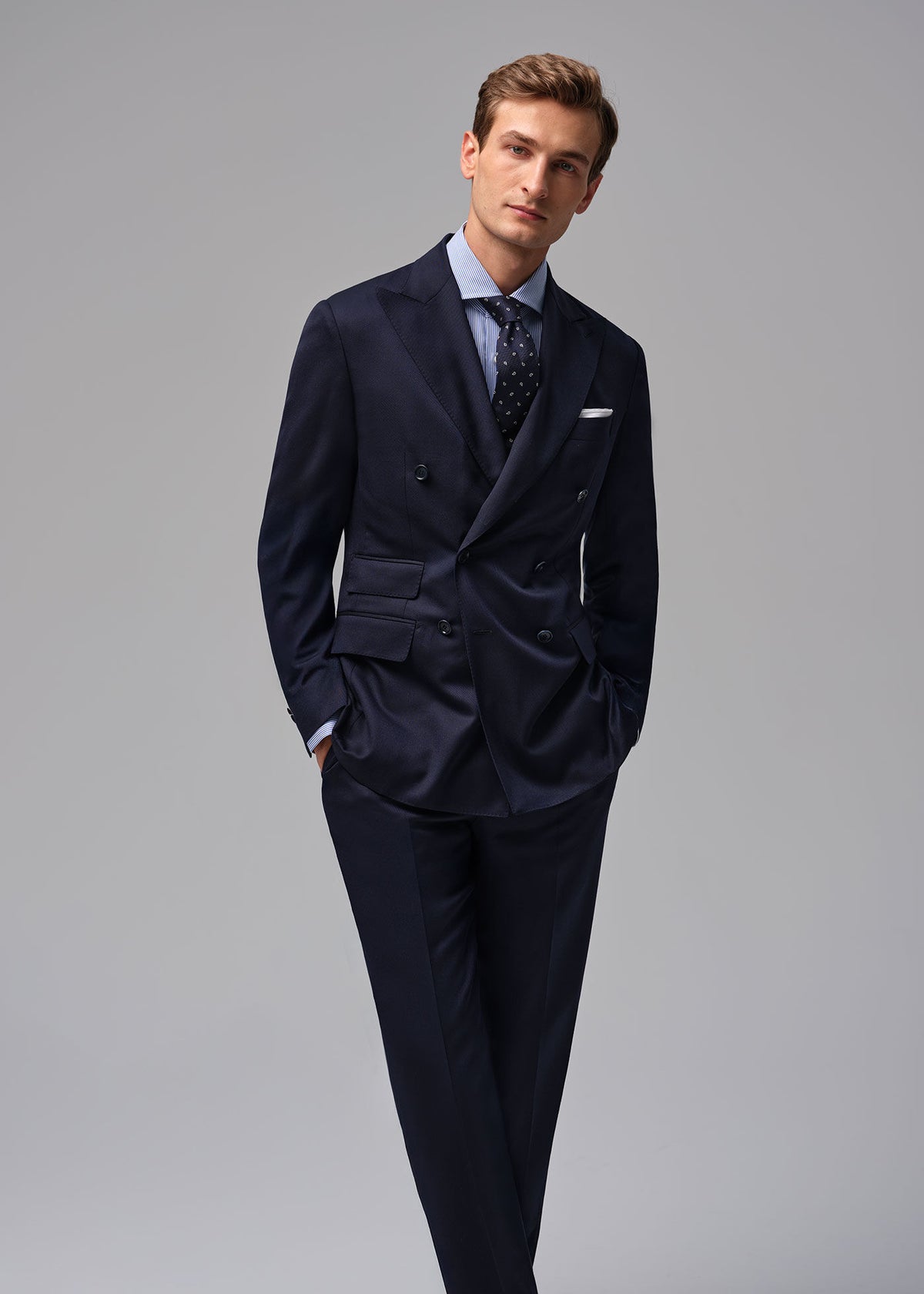 Wool Twill Double Breasted Suit Navy - Paul Stuart