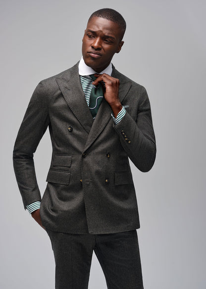 Double Breasted Wool Houndstooth Suit Olive - Paul Stuart