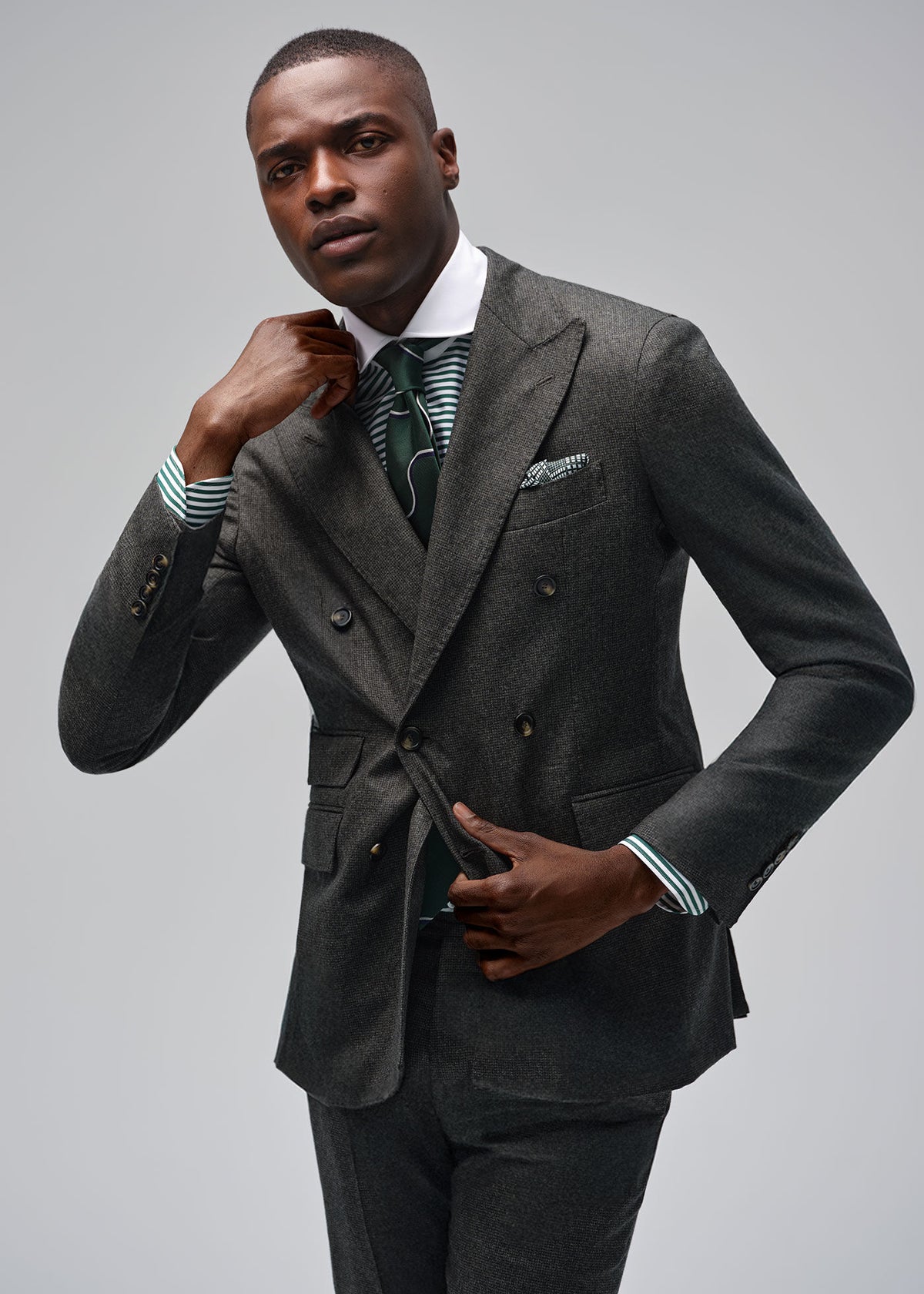 Double Breasted Wool Houndstooth Suit Olive - Paul Stuart