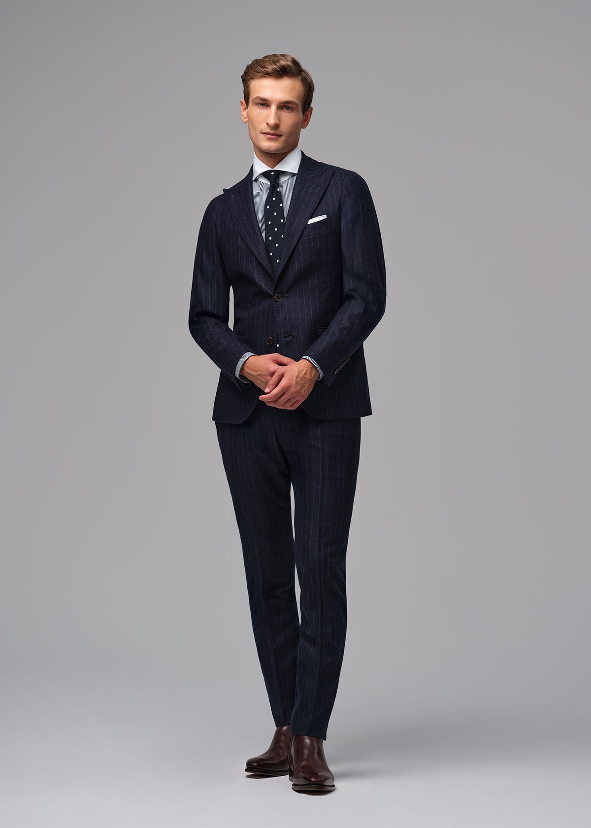 Wool Stripe Two Button Suit Navy - Paul Stuart