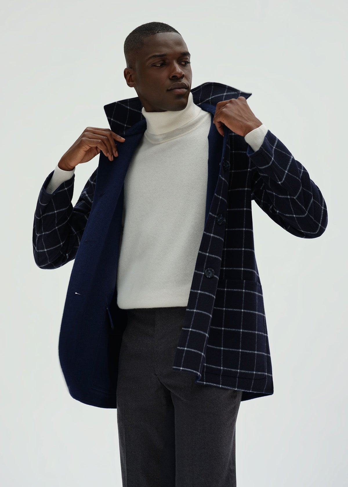 Reversible Double Face Cashmere Mac Coat Navy/Royal Blue - Paul Stuart