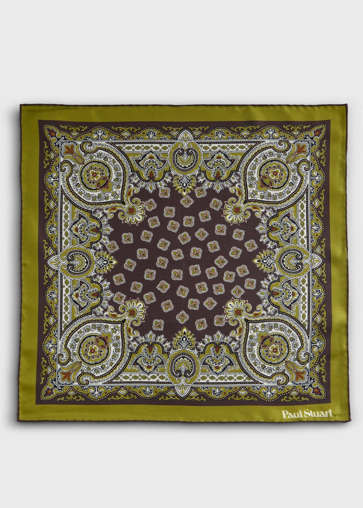 Ornate Print Pocket Square Olive - Paul Stuart