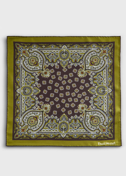 Ornate Print Pocket Square Olive - Paul Stuart